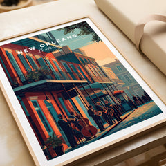 New Orleans Poster | Jazz Band Street Scene Wall Art Print featuring musicians in the French Quarter.
