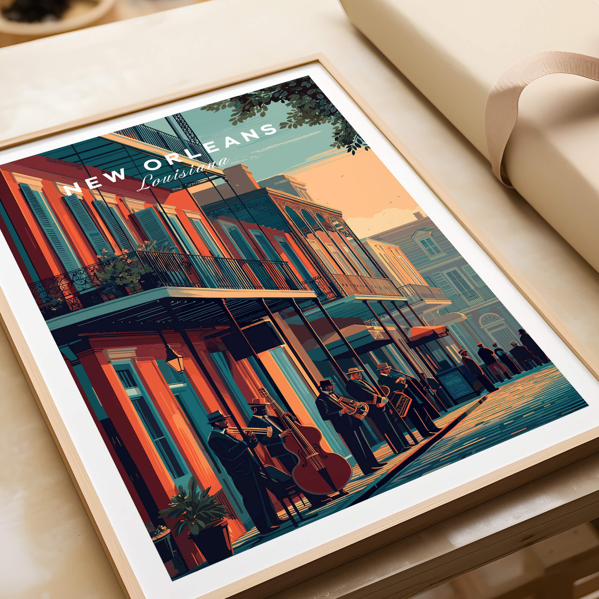 New Orleans Poster | Jazz Band Street Scene Wall Art Print featuring musicians in the French Quarter.
