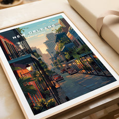 New Orleans Wall Art Print | Historic French Quarter Travel Poster featuring a vibrant street scene.