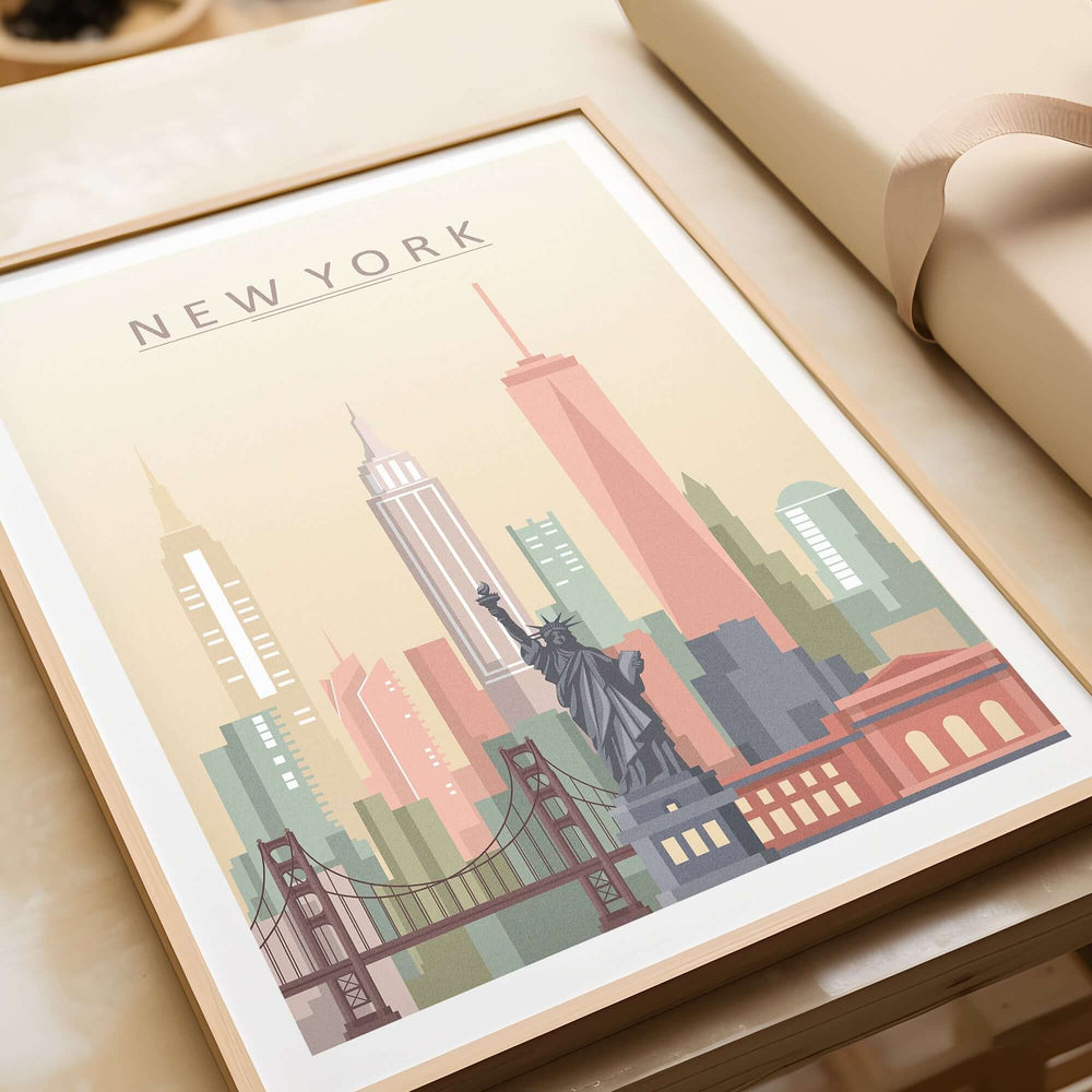 New York City Skyline Print | Wall Art featuring iconic landmarks in pastel tones.