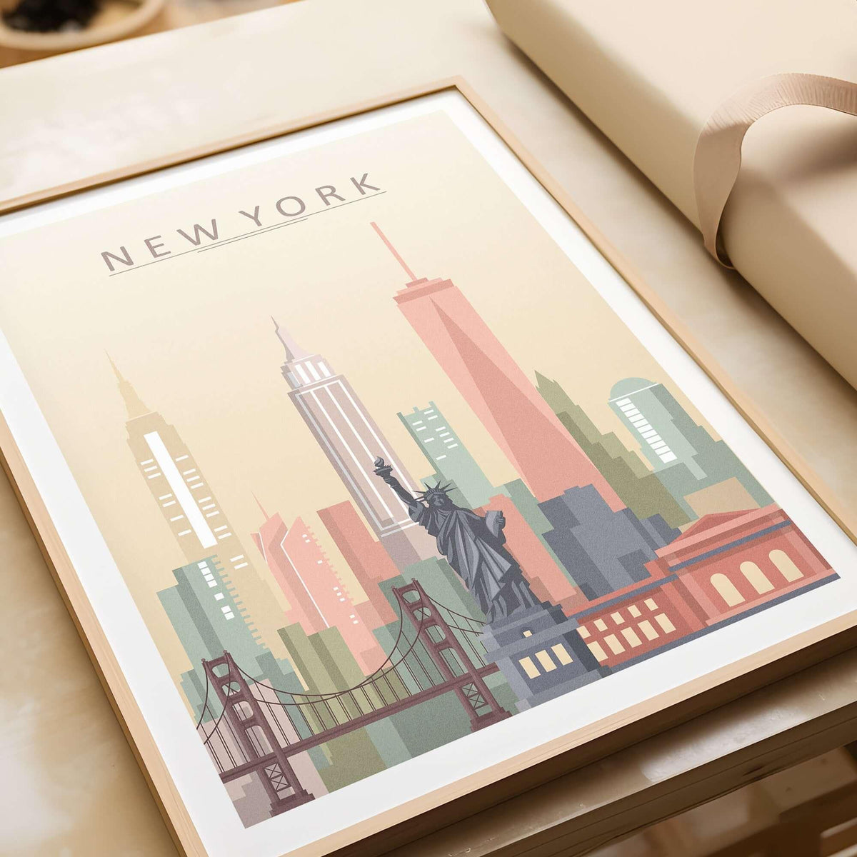 New York City Skyline Print | Wall Art featuring iconic landmarks in pastel tones.