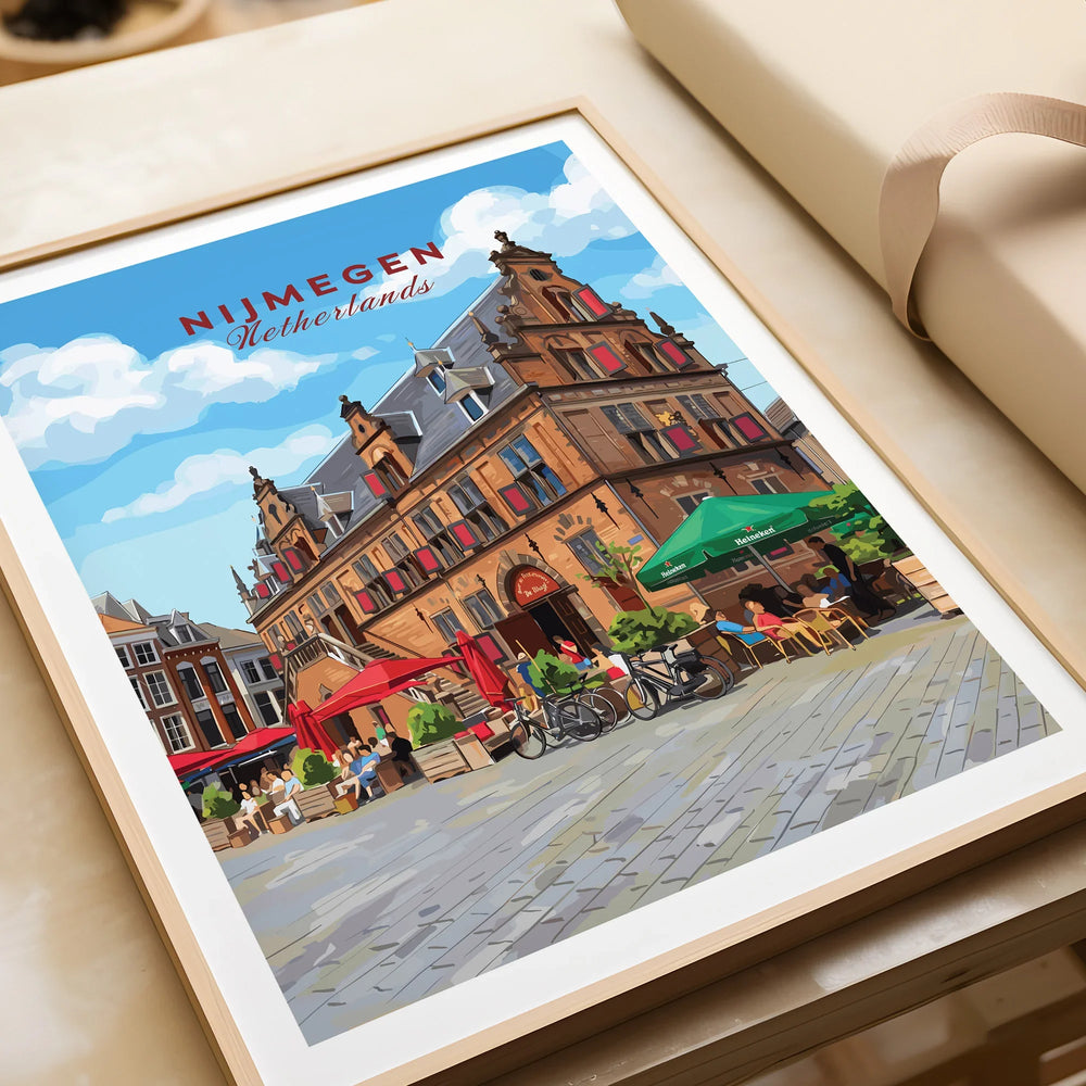 Framed Nijmegen Netherlands travel poster print with city square and historic building.