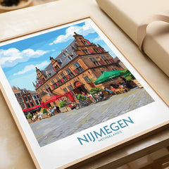 Framed Nijmegen city wall art print featuring Dutch architecture and vibrant outdoor café scene