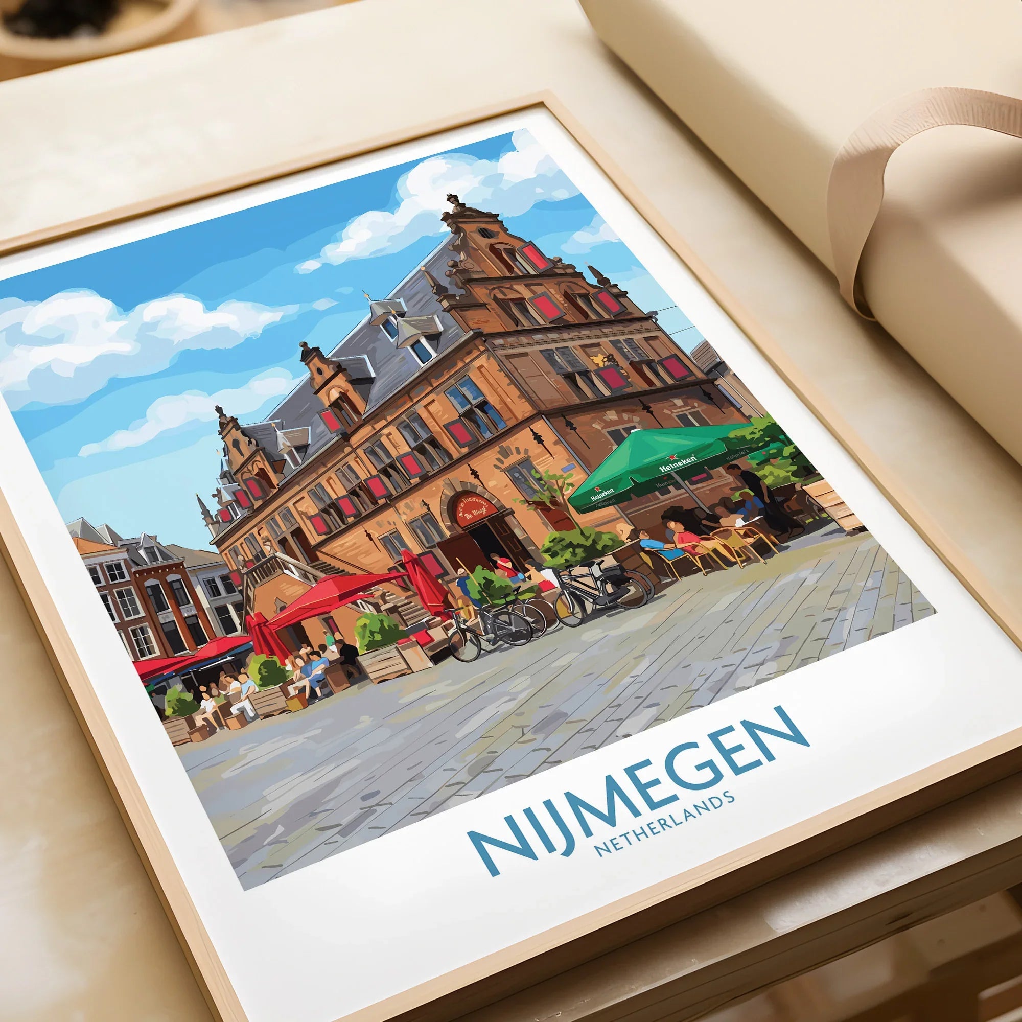 Framed Nijmegen city wall art print featuring Dutch architecture and vibrant outdoor café scene