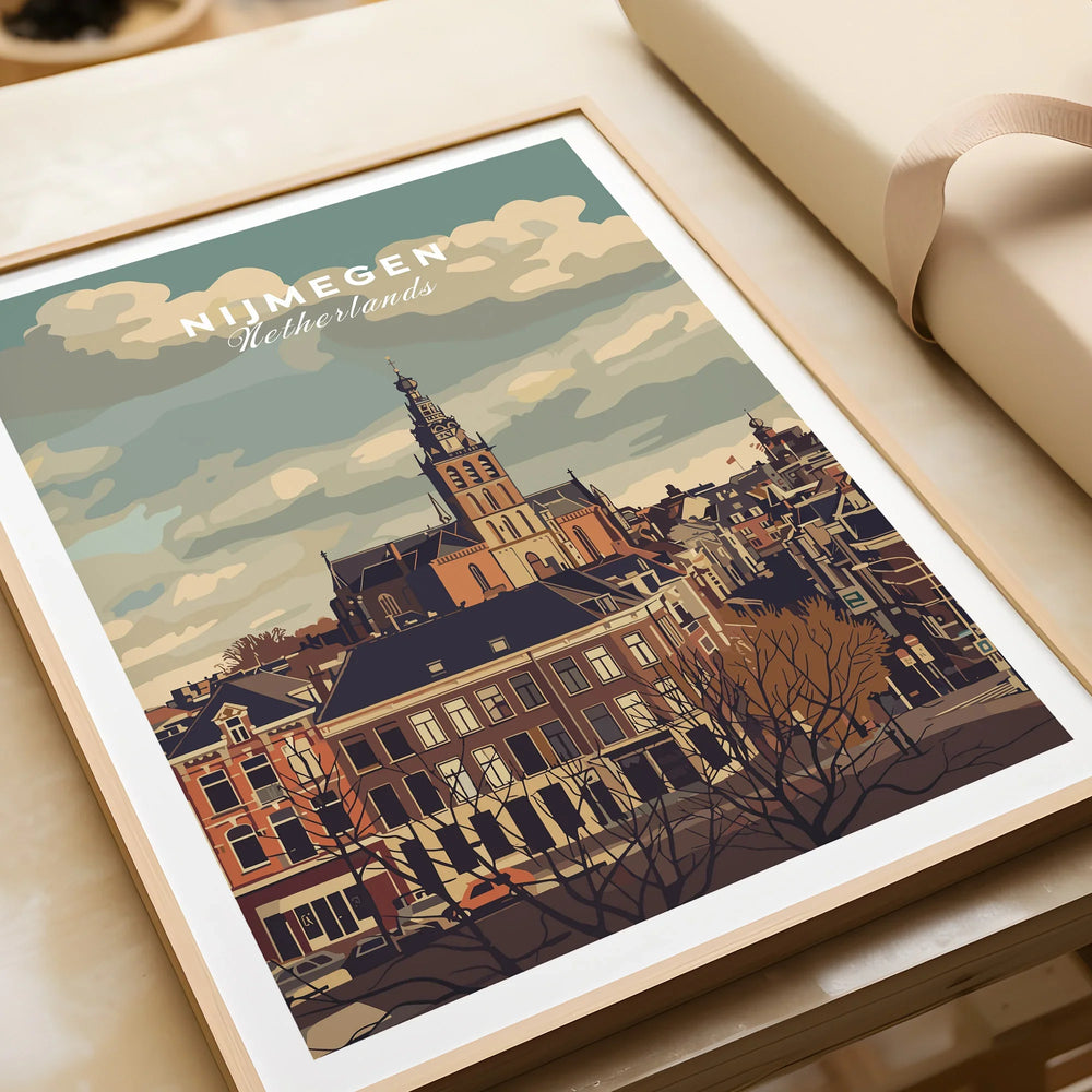 Framed Nijmegen Netherlands cityscape art print, unwrapped, with skyline and historic buildings