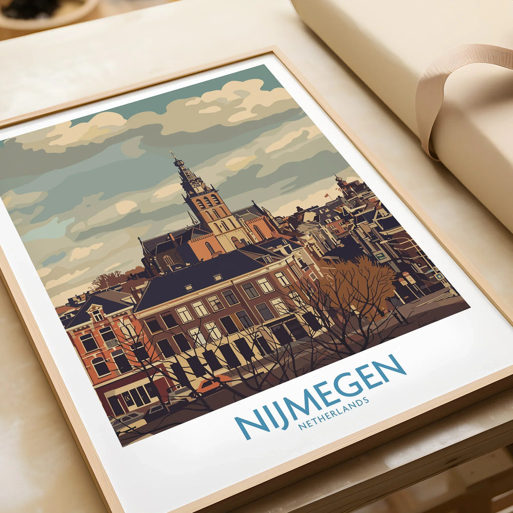 Framed Nijmegen Netherlands cityscape art print close-up, ideal for travel-themed wall decor