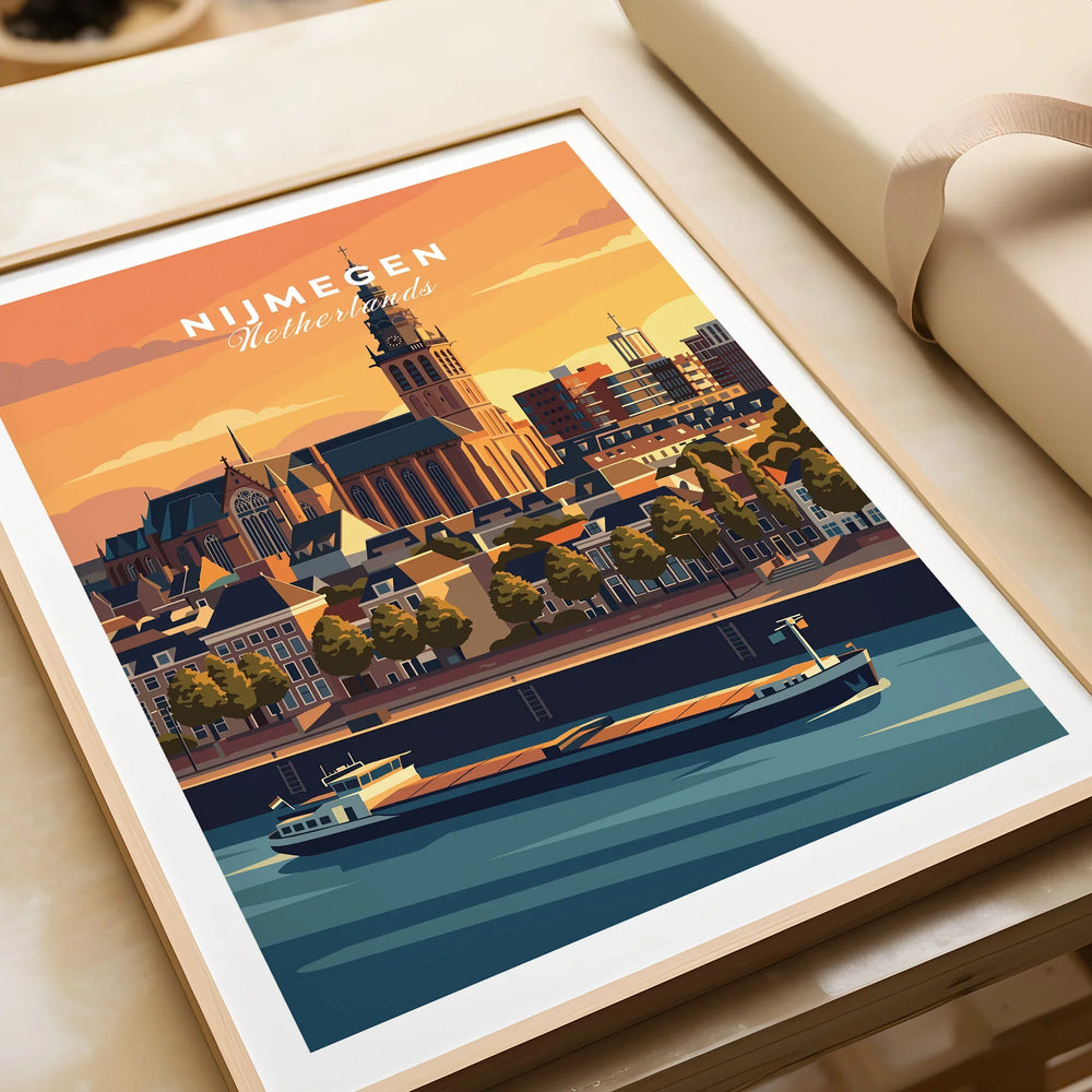Framed Nijmegen Netherlands art print with city skyline and riverboat, unwrapped as a gift.