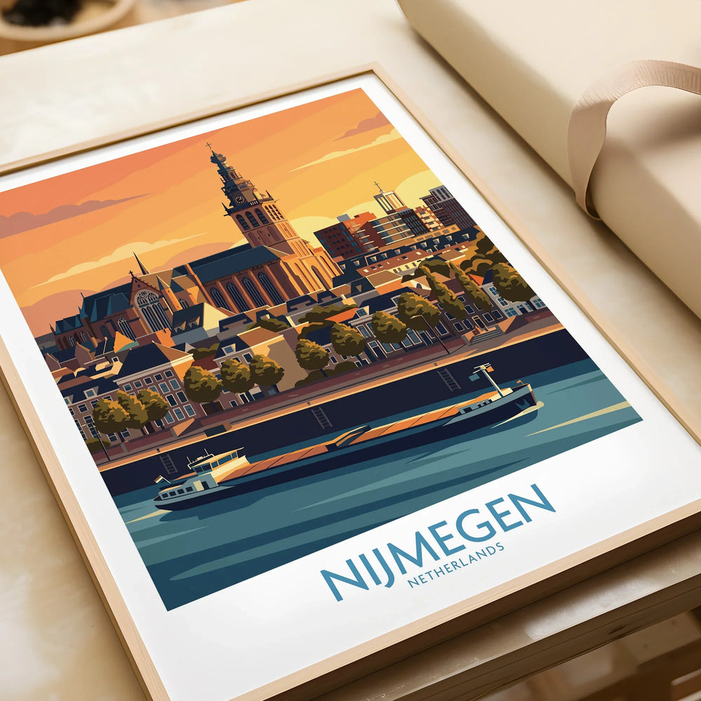 Framed Nijmegen travel poster print with city skyline and river at sunset, modern wall art