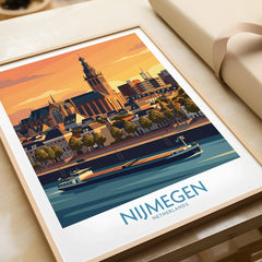 Framed Nijmegen travel poster print with city skyline and river at sunset, modern wall art