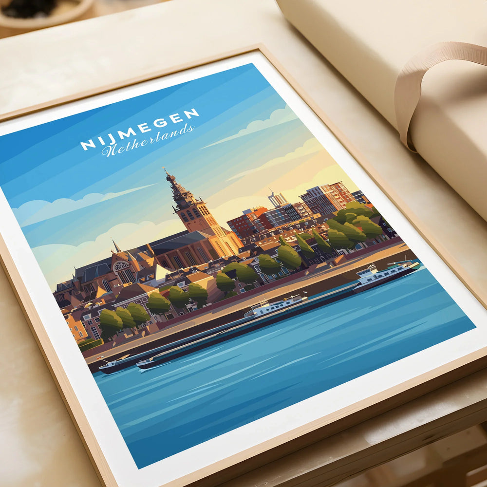Framed Nijmegen Netherlands travel poster with city skyline and river in modern art print style