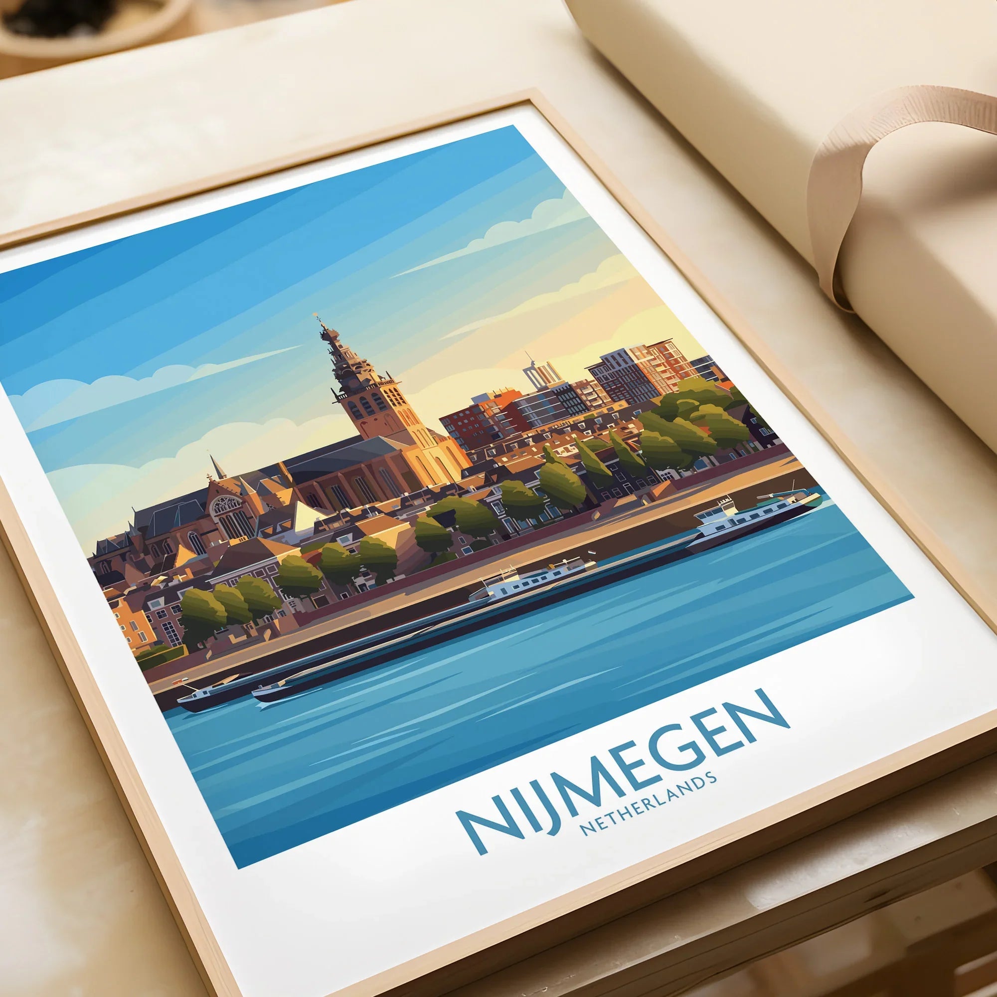 Framed Nijmegen Netherlands art print closeup, city skyline wall art unwrapped on table