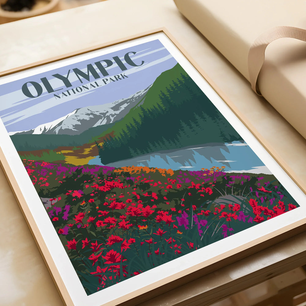 Framed Olympic National Park art print featuring mountains, wildflowers, and a lake