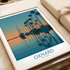 Oxnard California Poster | Scenic Pacific Marina Canvas Print featuring sailboats and palm trees at sunset.