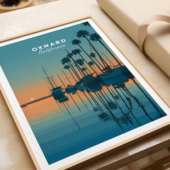 Oxnard California Wall Art Print | Sunset Harbor & Sailboats Travel Poster featuring a serene harbor scene.