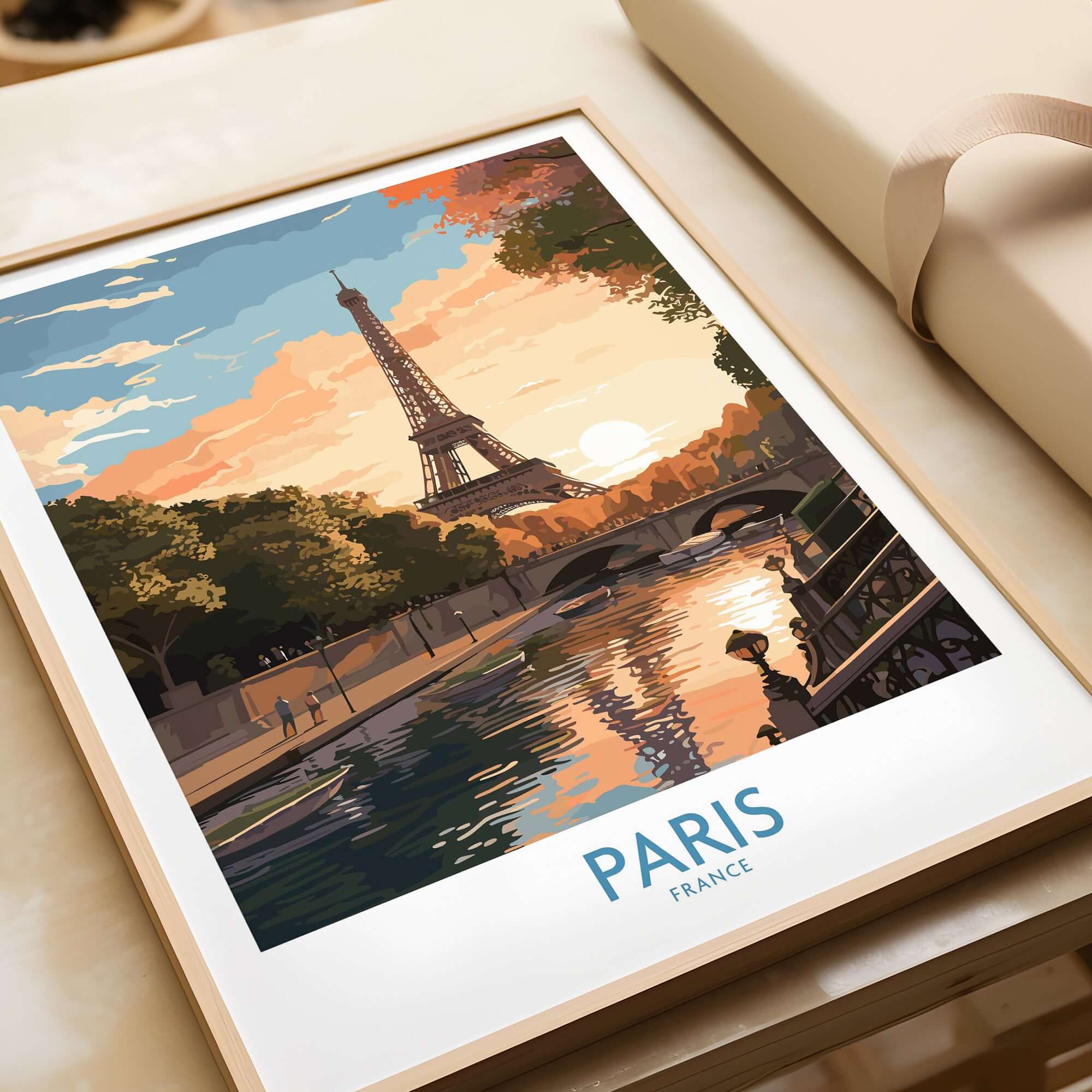 Paris Art Print featuring the Eiffel Tower at sunset, enhancing home decor with French charm.