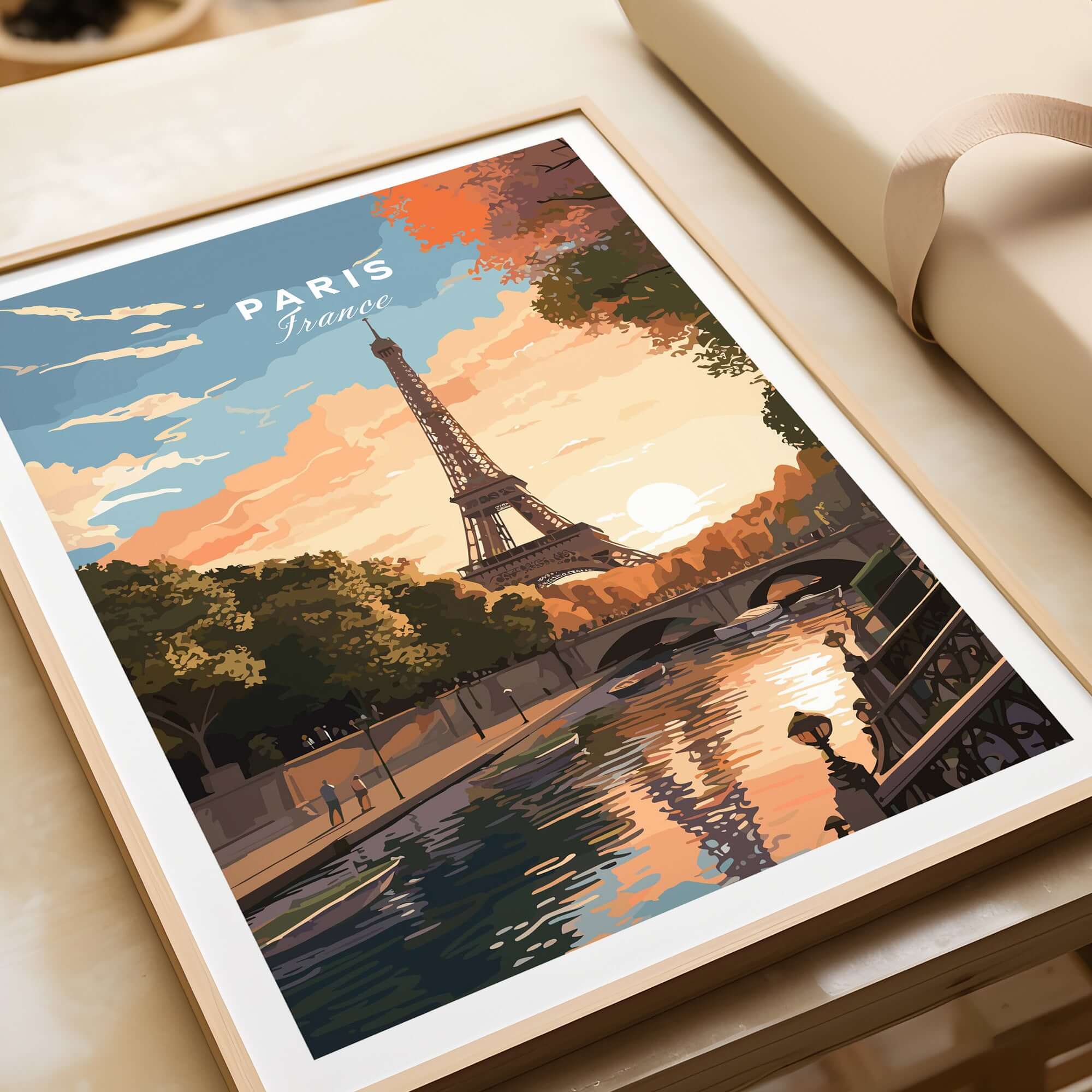 Paris Print featuring the Eiffel Tower at sunset, capturing the romance of France.
