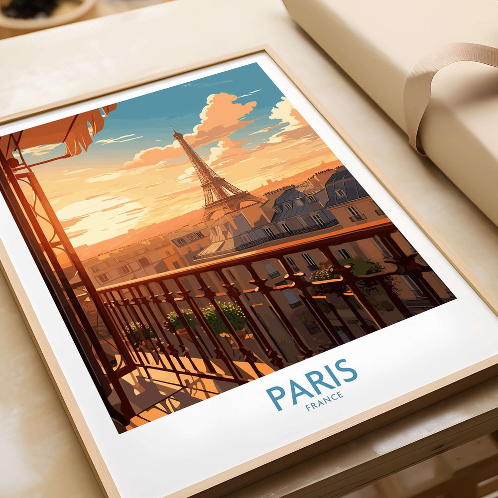 Paris Wall Art | Modern Style featuring a vibrant sunset view of the Eiffel Tower from a balcony in Paris.