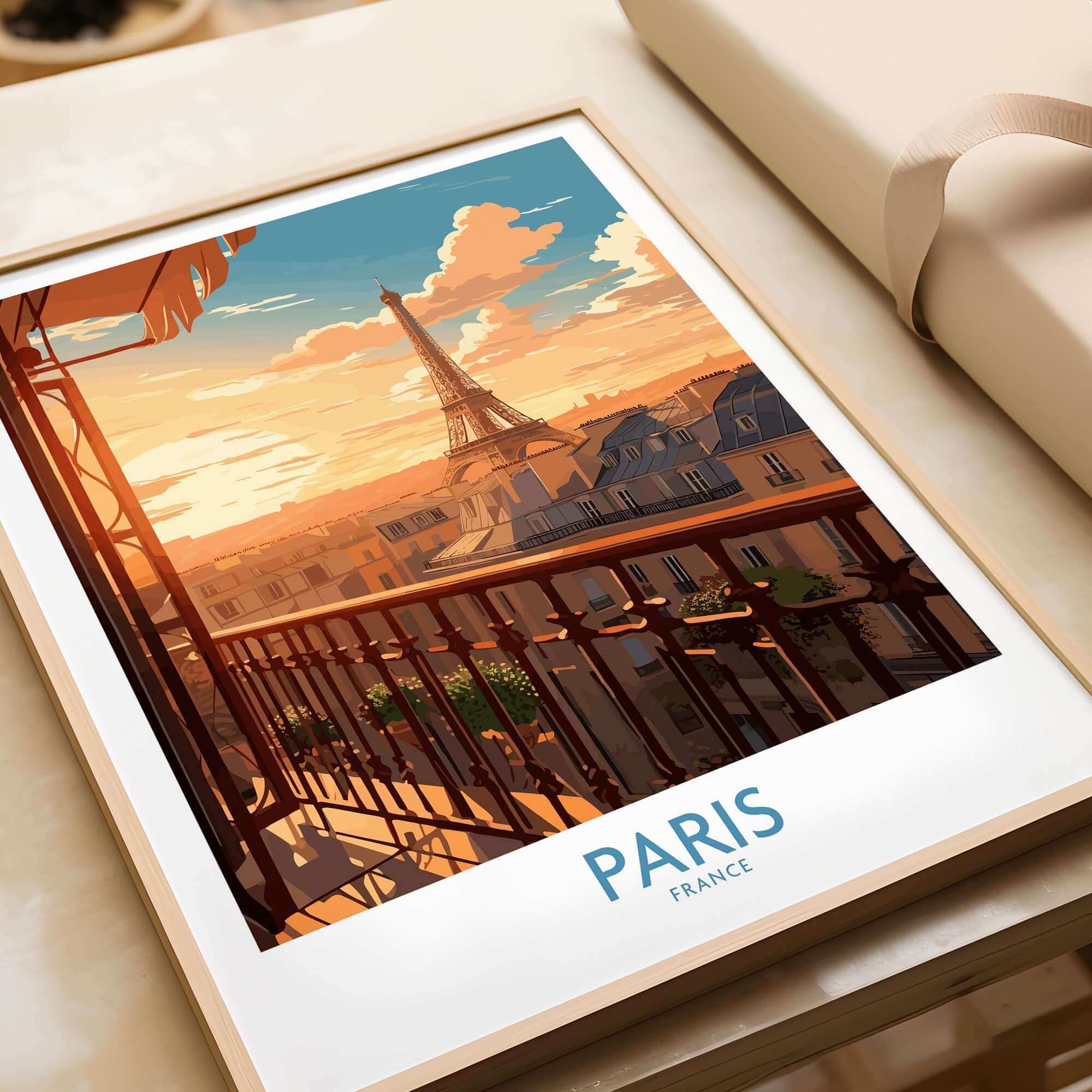 Paris Wall Art | Modern Style featuring a vibrant sunset view of the Eiffel Tower from a balcony in Paris.