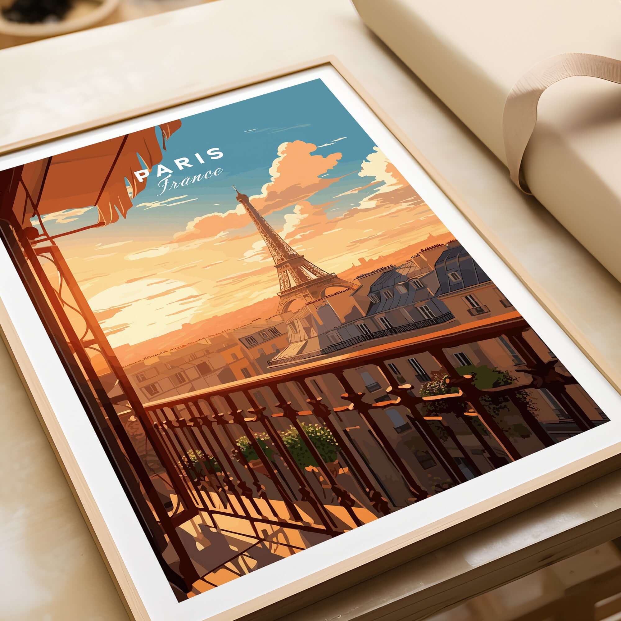 Paris Eiffel Tower Poster featuring a stunning sunset view over Paris with the Eiffel Tower in the background.