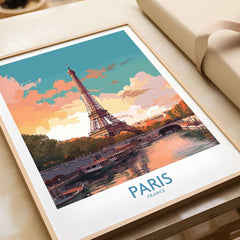 Paris Wall Art - Eiffel Tower - vibrant illustration of Eiffel Tower in Paris with colorful sky and water reflection.