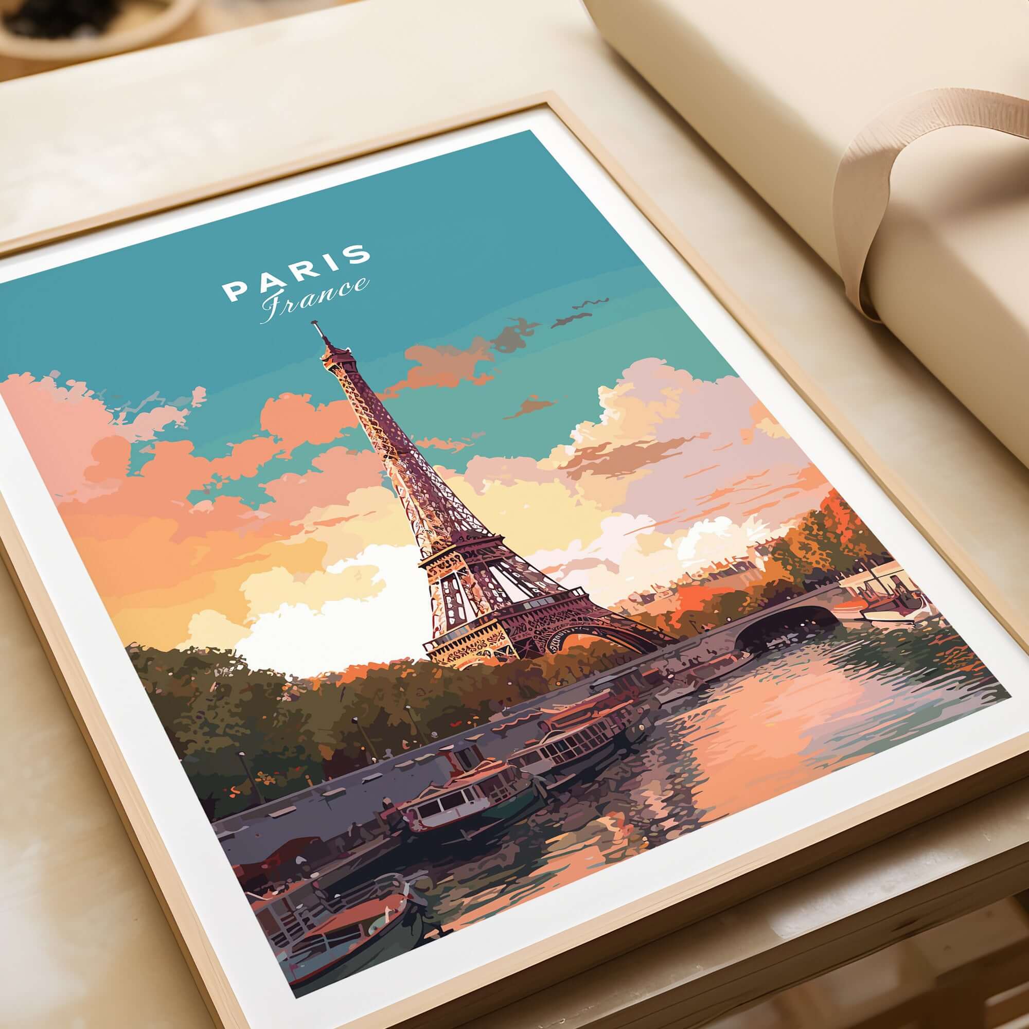 Paris Poster - Eiffel Tower artwork featuring the iconic Eiffel Tower set against a colorful sunset sky.