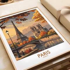 Paris France Autumn Seine River Art Print | Eiffel Tower and Notre Dame Poster