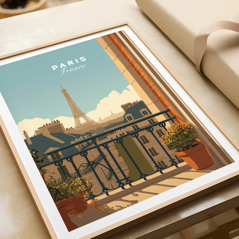 Paris art print with Eiffel Tower view from balcony, framed and unwrapped gift