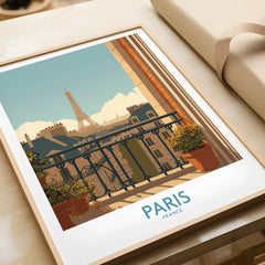 Framed Paris travel art print with Eiffel Tower view, natural wood frame, unwrapped gift