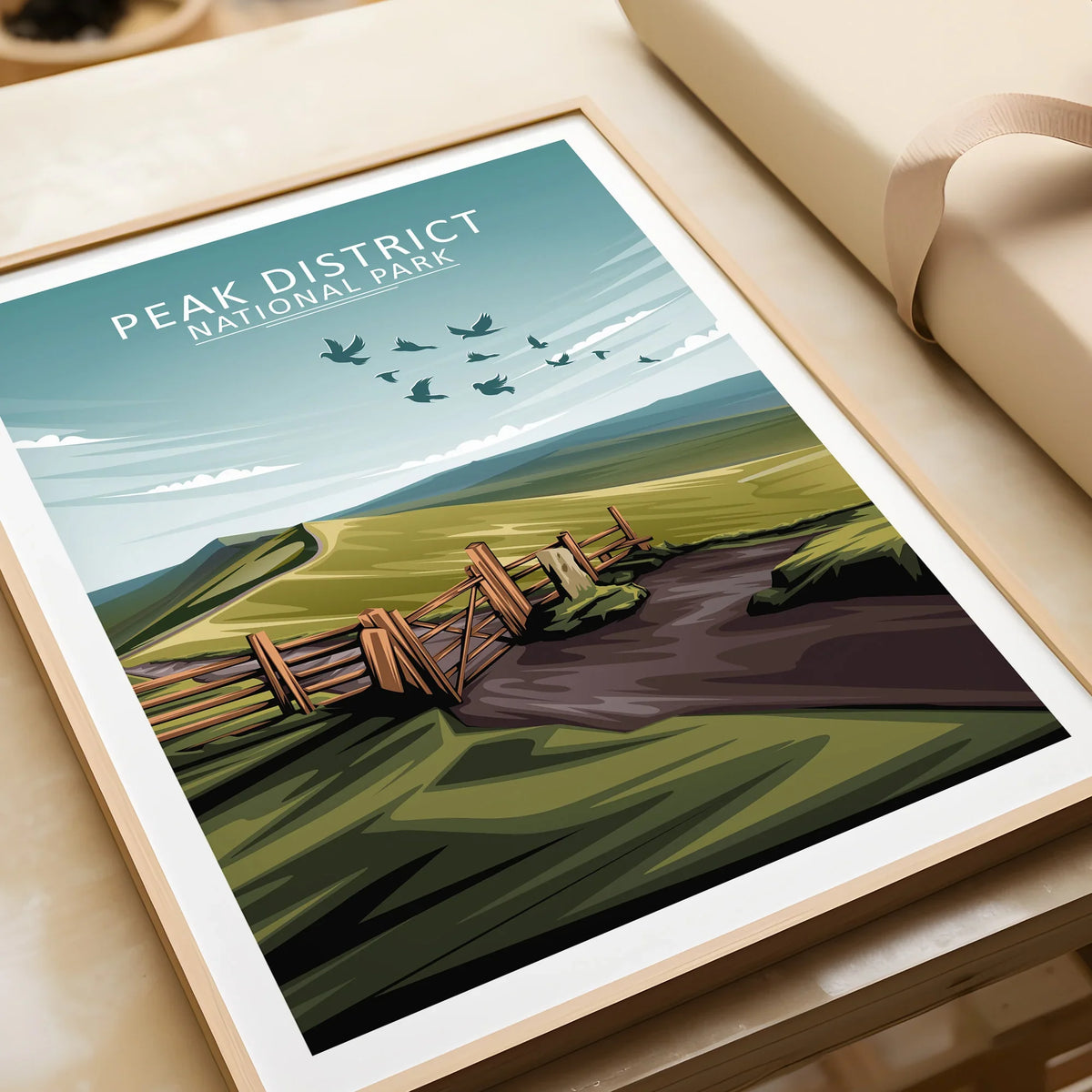 Framed Peak District National Park art print with scenic countryside and wooden gate