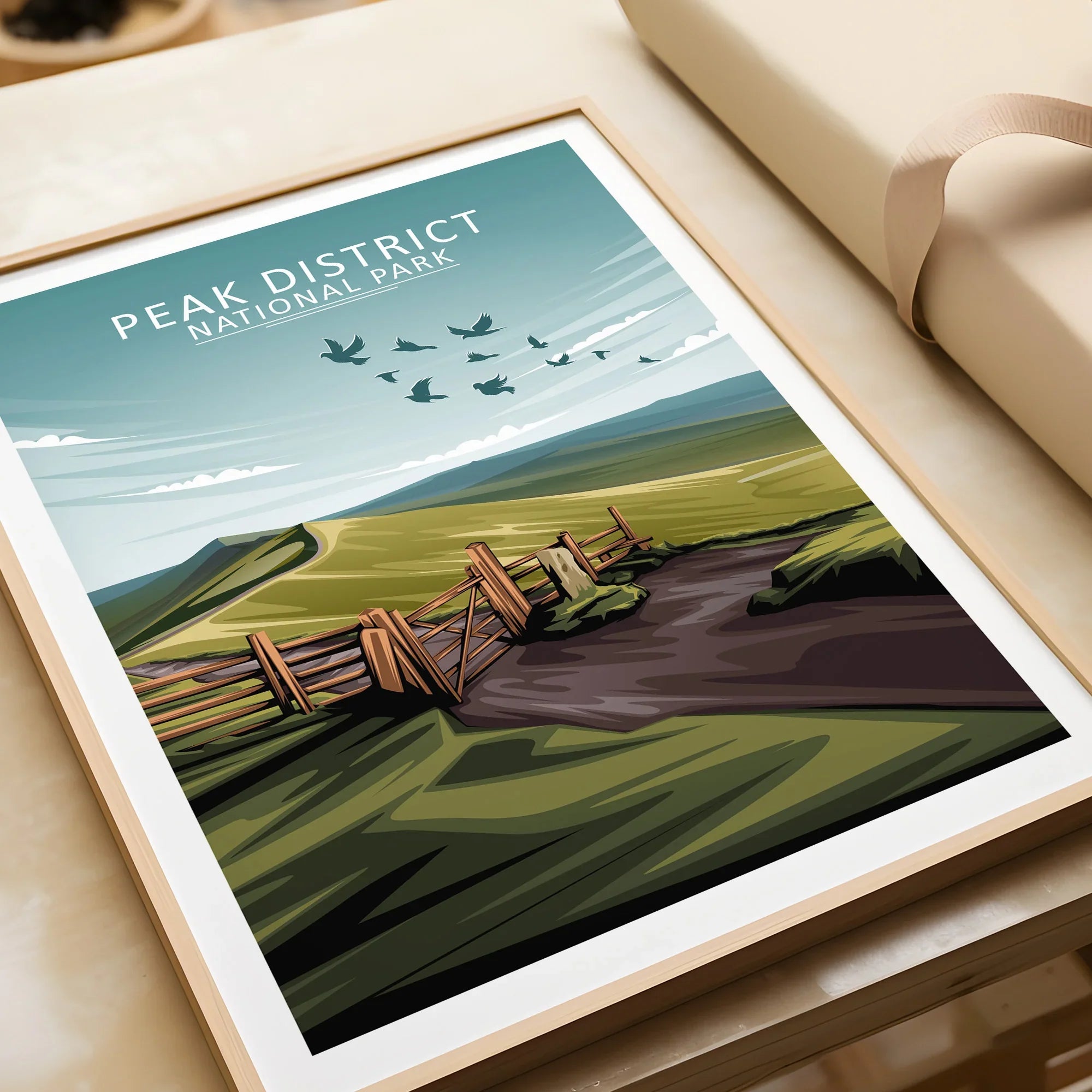 Framed Peak District National Park art print with scenic countryside and wooden gate