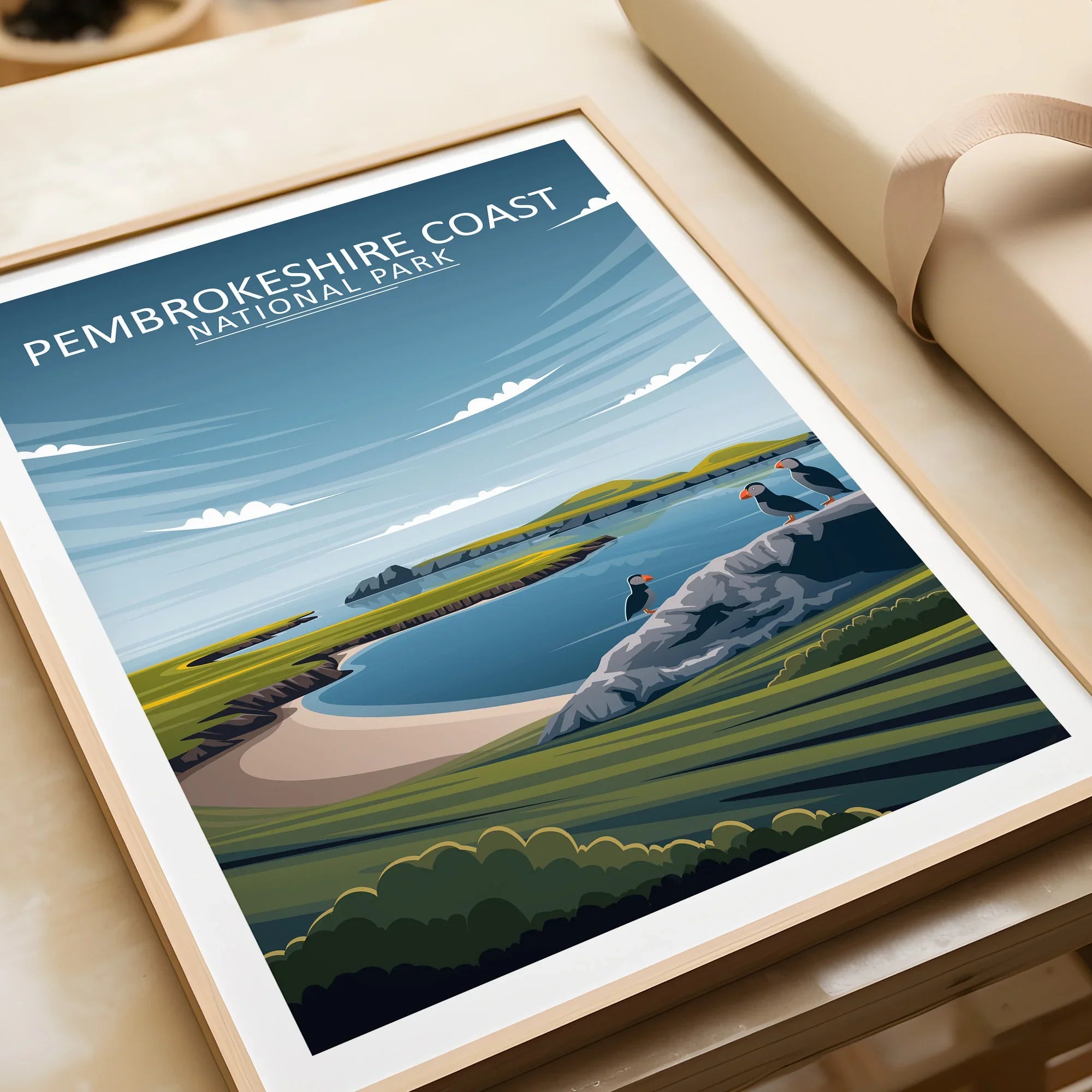 Framed Pembrokeshire Coast National Park print with coastal landscape and puffins