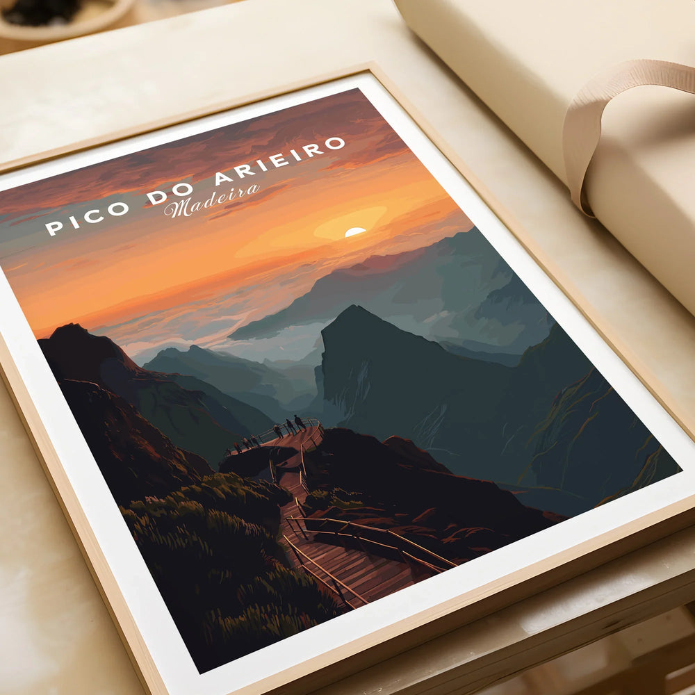 Framed Pico do Arieiro Madeira art print with mountain landscape at sunset