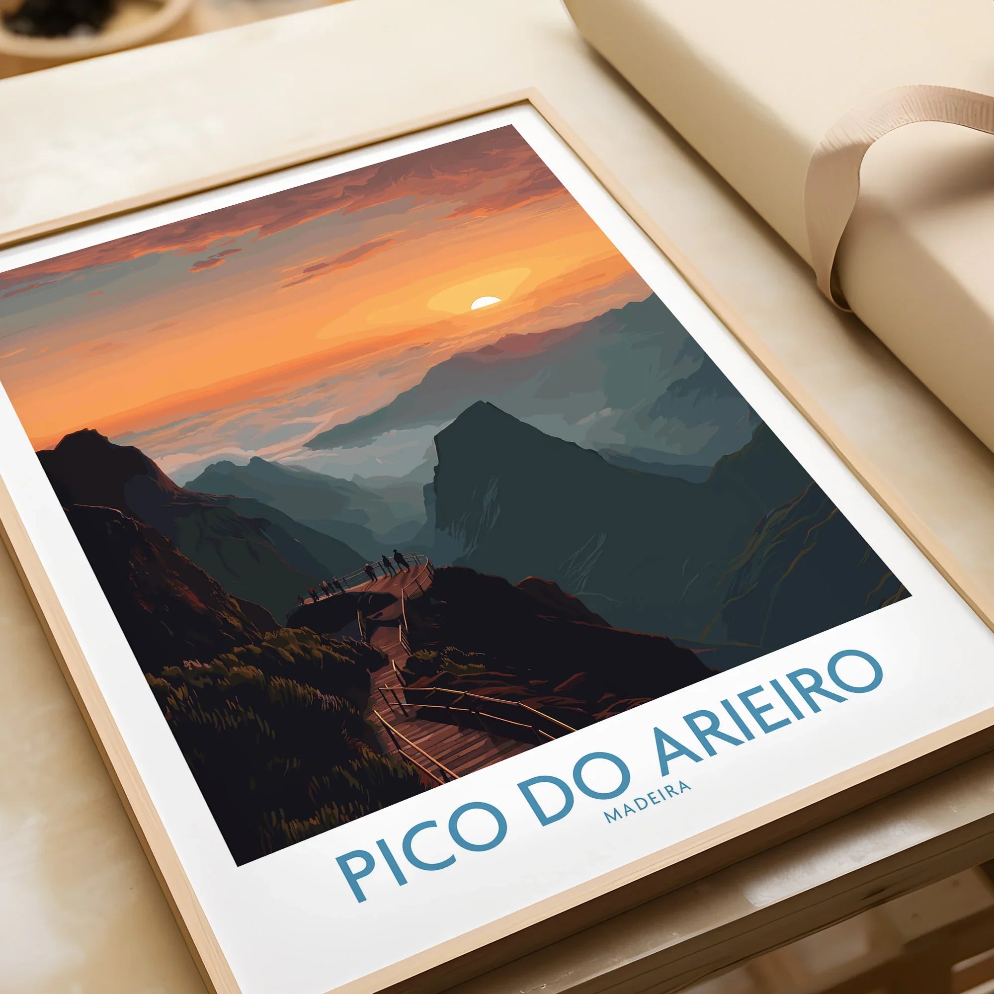 Framed Pico do Arieiro Madeira art print with mountain landscape and vibrant sunset colors