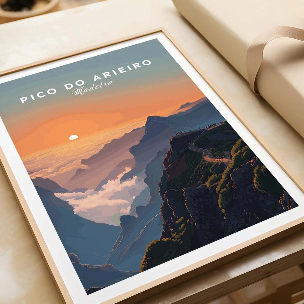 Framed Pico do Arieiro Madeira art print close-up with vibrant mountain sunset view.