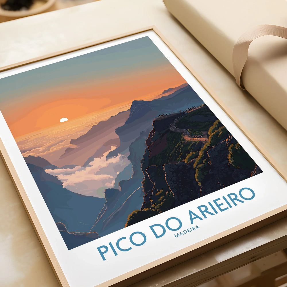 Framed Pico do Arieiro Madeira art print featuring a vibrant mountain sunset illustration.