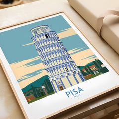 Pisa Wall Art Print | Italy Travel Poster featuring the Leaning Tower of Pisa in a colorful landscape.