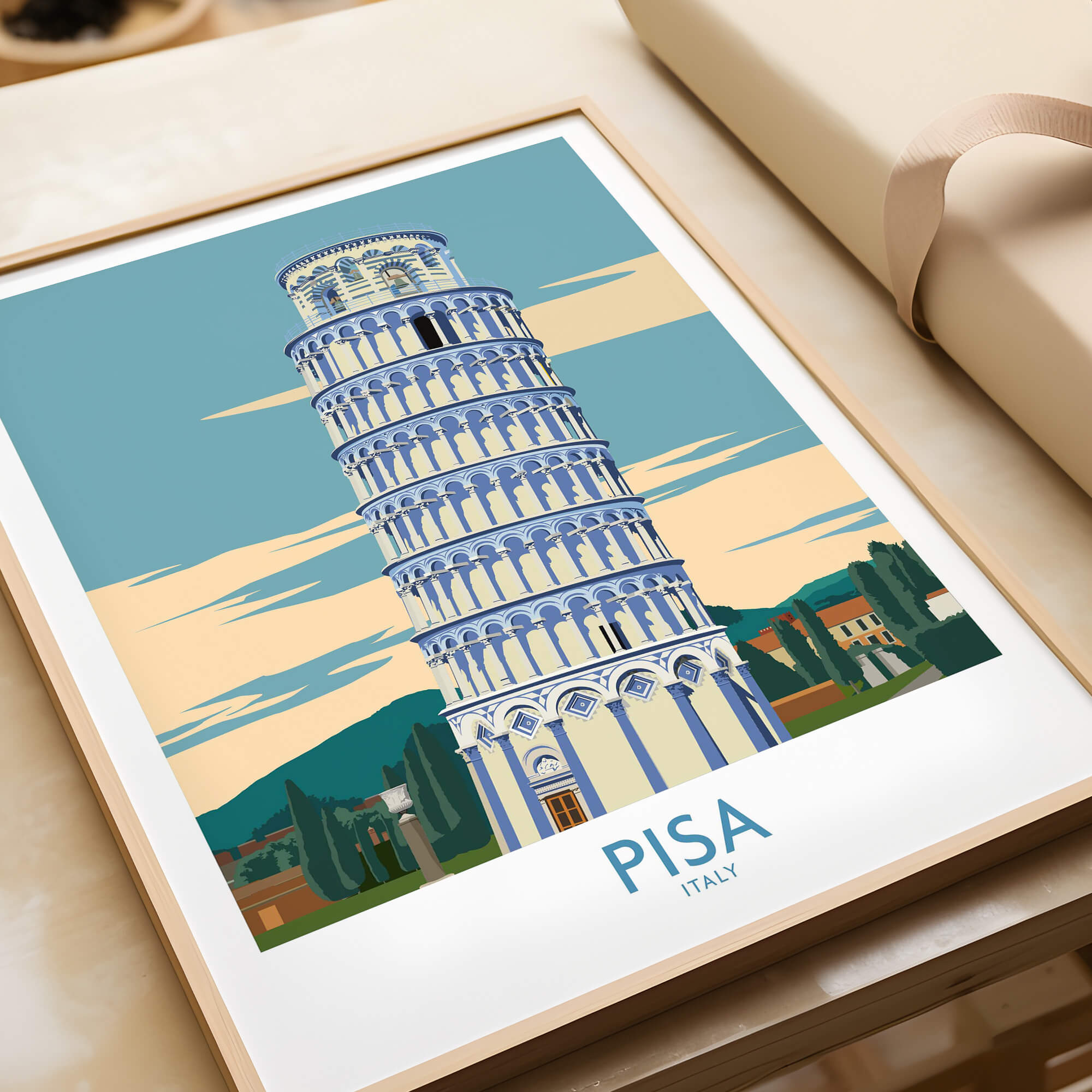 Pisa Wall Art Print | Italy Travel Poster featuring the Leaning Tower of Pisa in a colorful landscape.