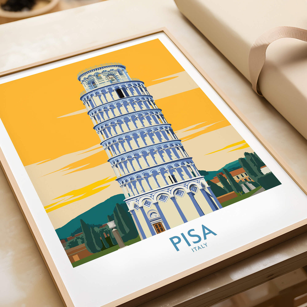 Pisa Tower Italy Print showcasing the iconic leaning tower against a vibrant yellow background.