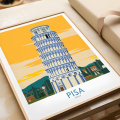 Pisa Tower Italy Print showcasing the iconic leaning tower against a vibrant yellow background.