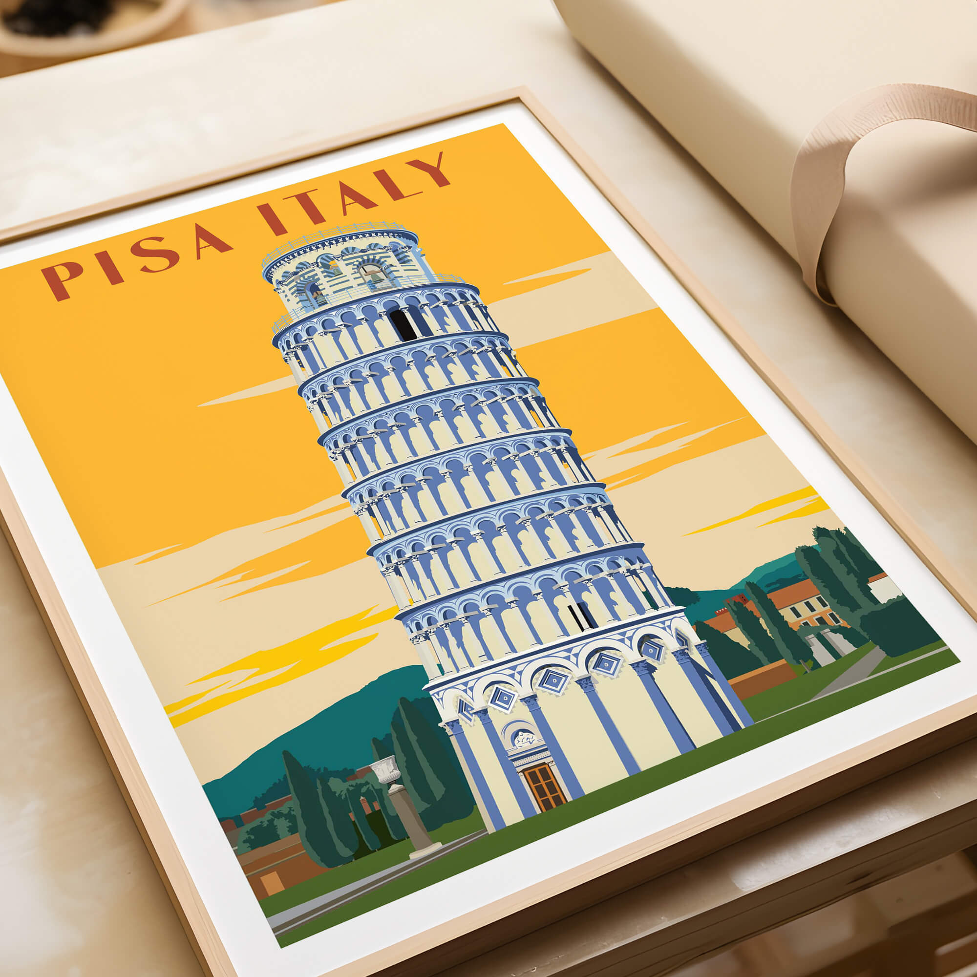 Pisa Tower Print Poster Italy Wall Art showcasing vintage architecture against a warm sunset backdrop.