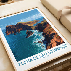 Framed Ponta de São Lourenço Madeira travel art print with scenic coastal cliffs and blue ocean.