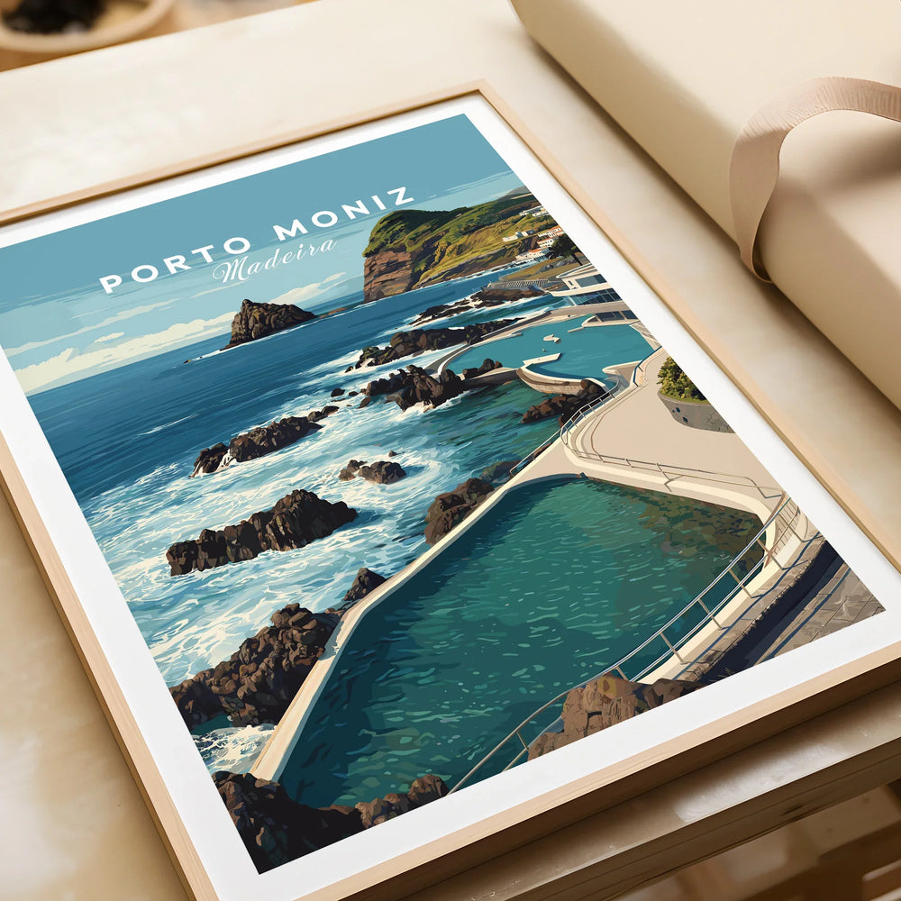 Framed Porto Moniz Madeira travel art print with ocean, rocks, and natural pool close up
