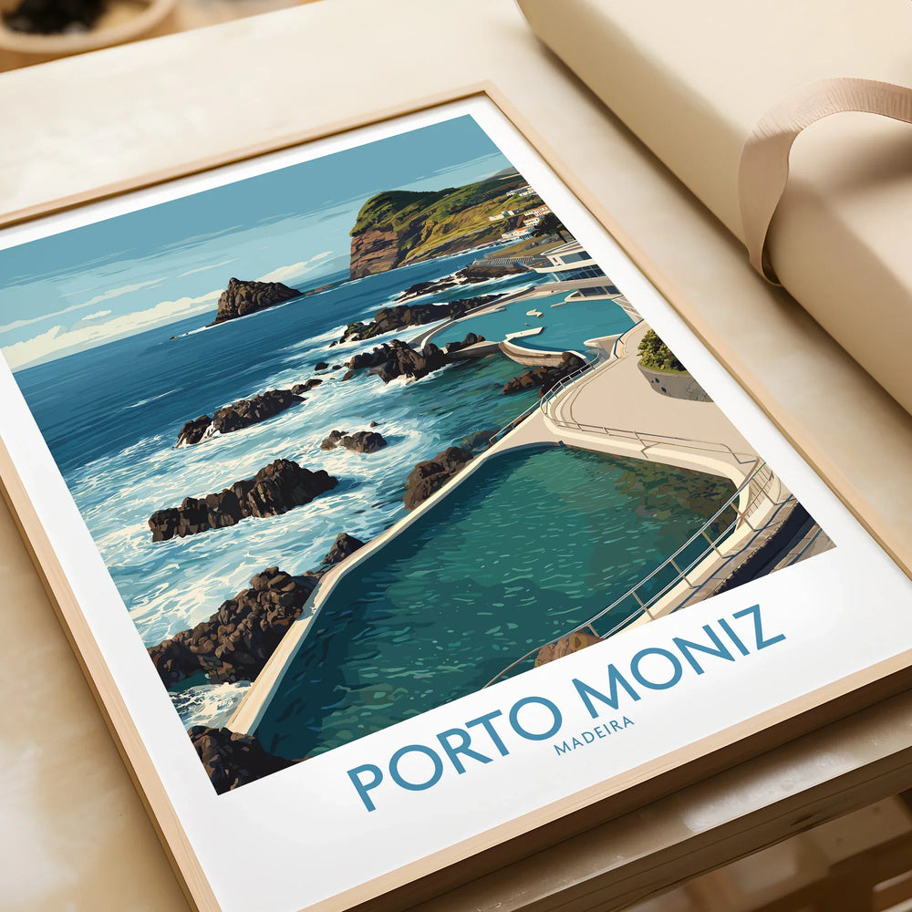 Framed Porto Moniz travel art print with ocean, cliffs, and natural swimming pools