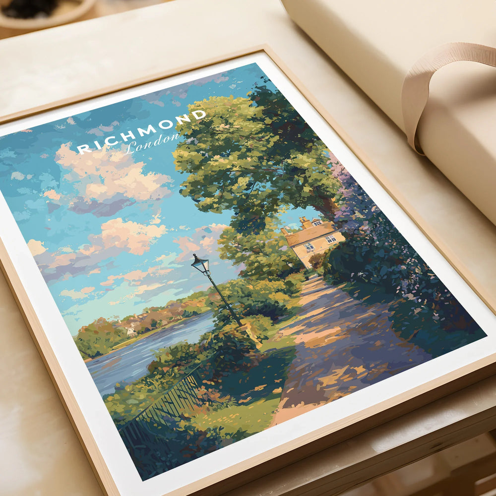 Richmond London framed travel poster art print featuring riverside and greenery