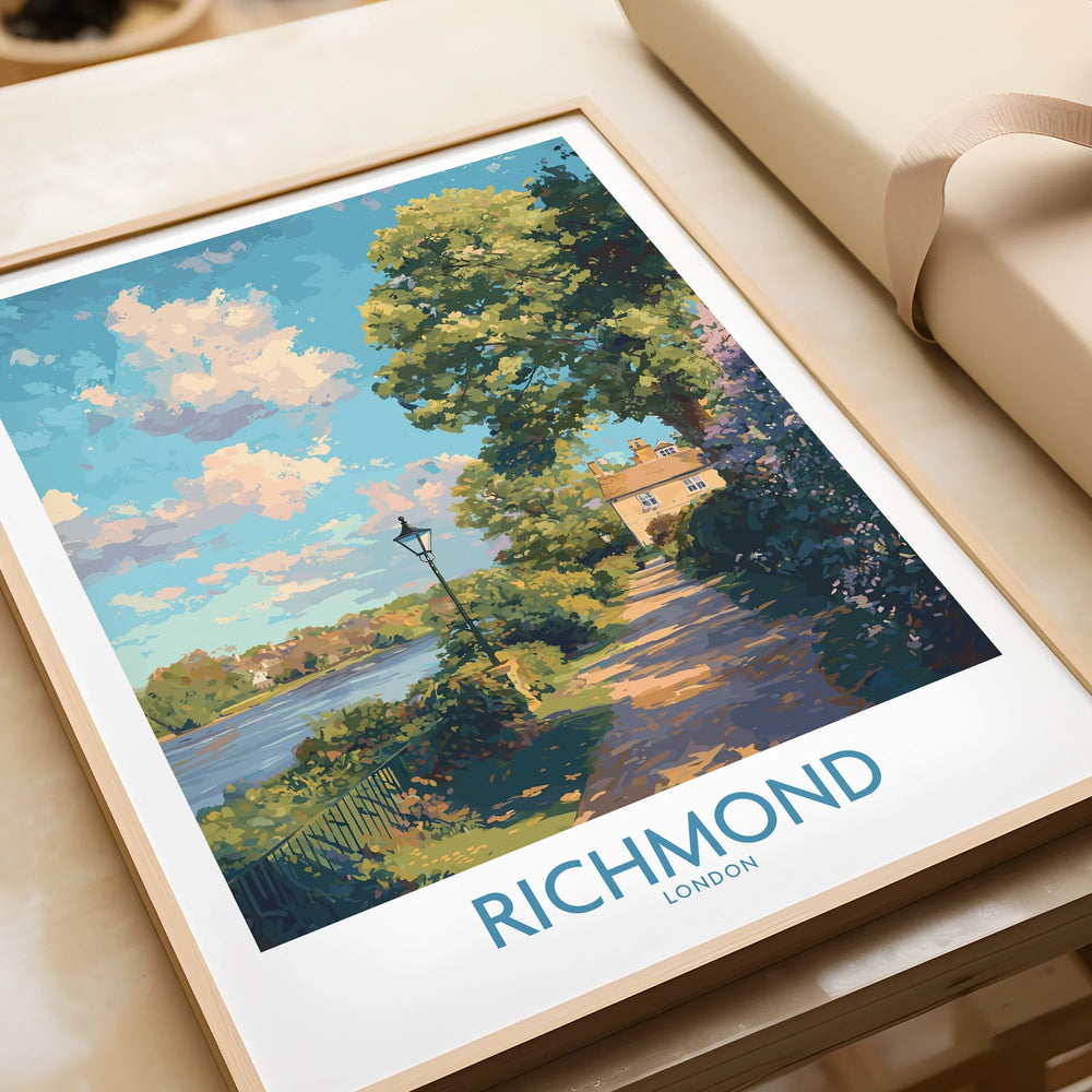 Richmond London framed art print with river, trees, and house, close-up unwrapped gift