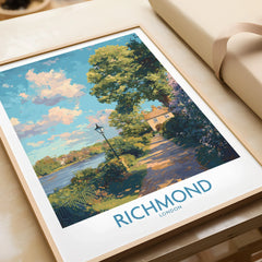 Richmond London framed art print with river, trees, and house, close-up unwrapped gift