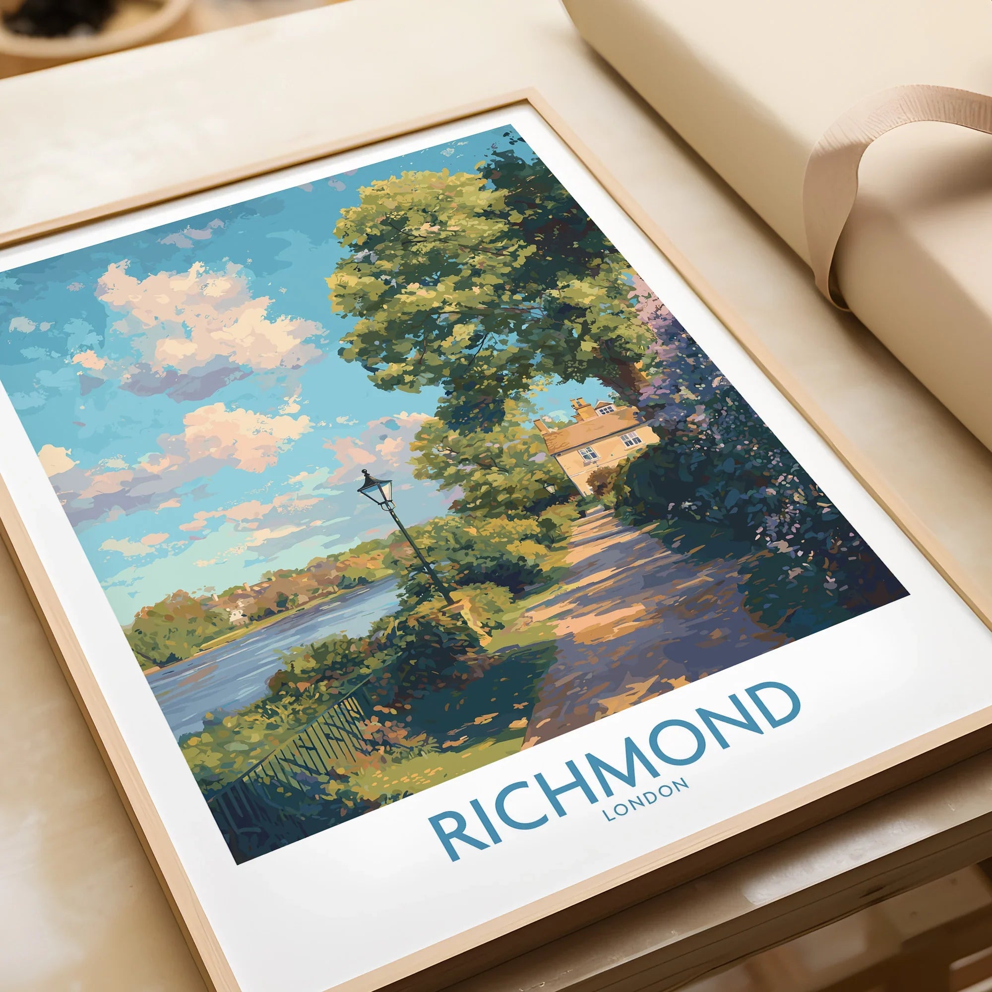 Richmond London framed art print with river, trees, and house, close-up unwrapped gift