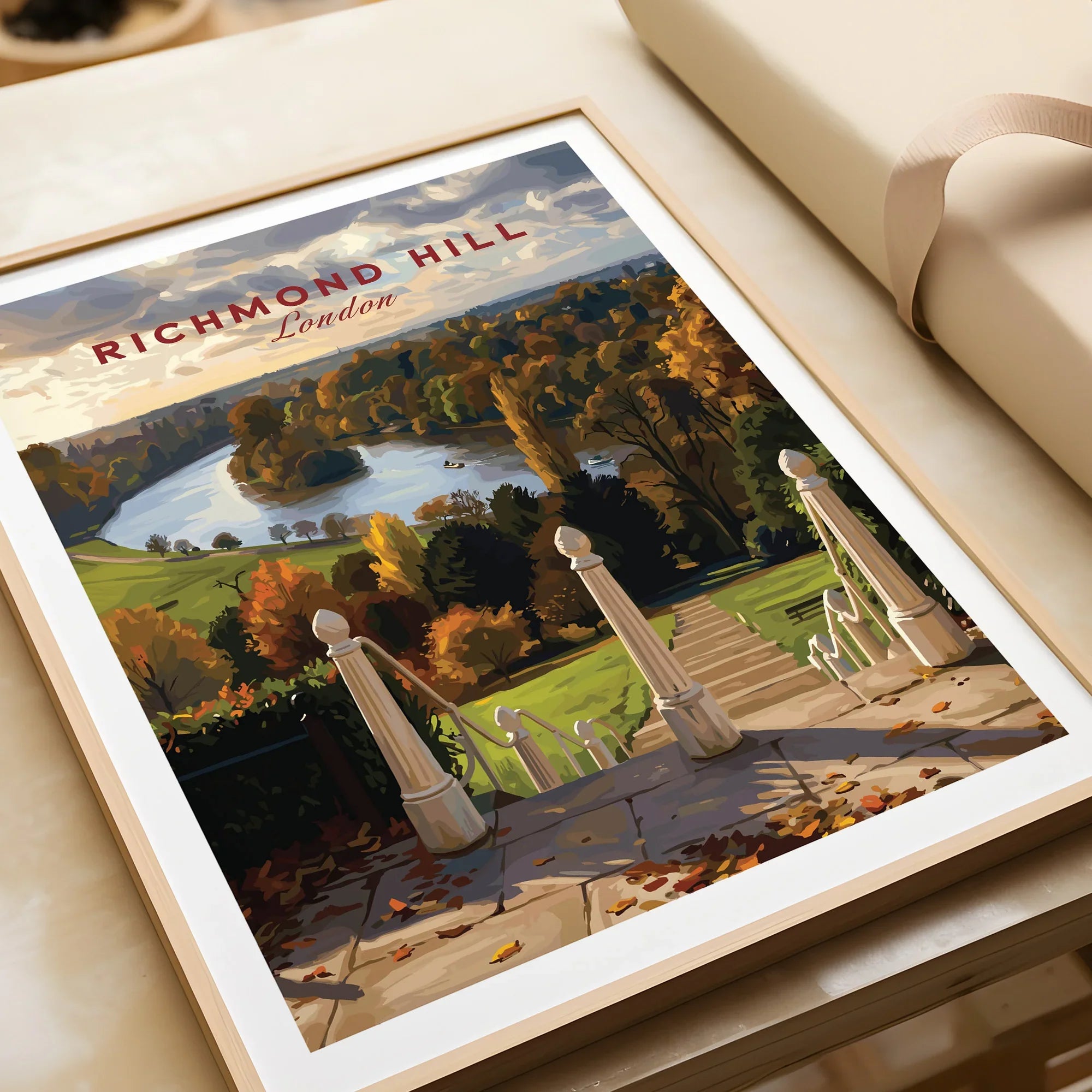 Framed Richmond Hill London travel art print, staircase view over autumn trees and river