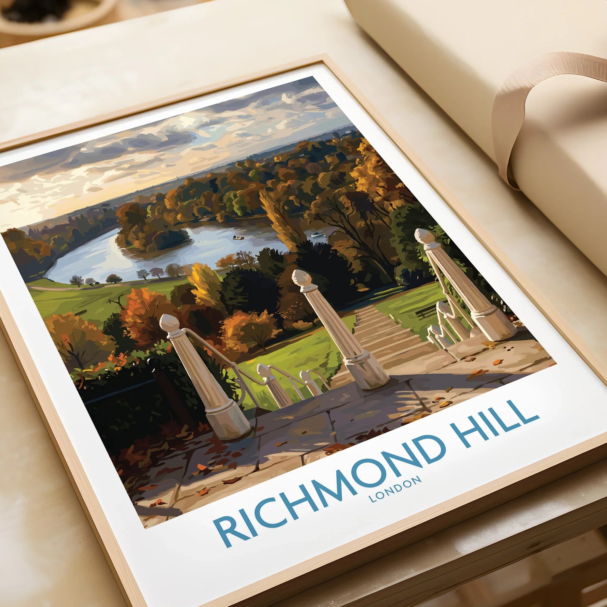 Framed Richmond Hill London art print showing a scenic autumn landscape with river view.