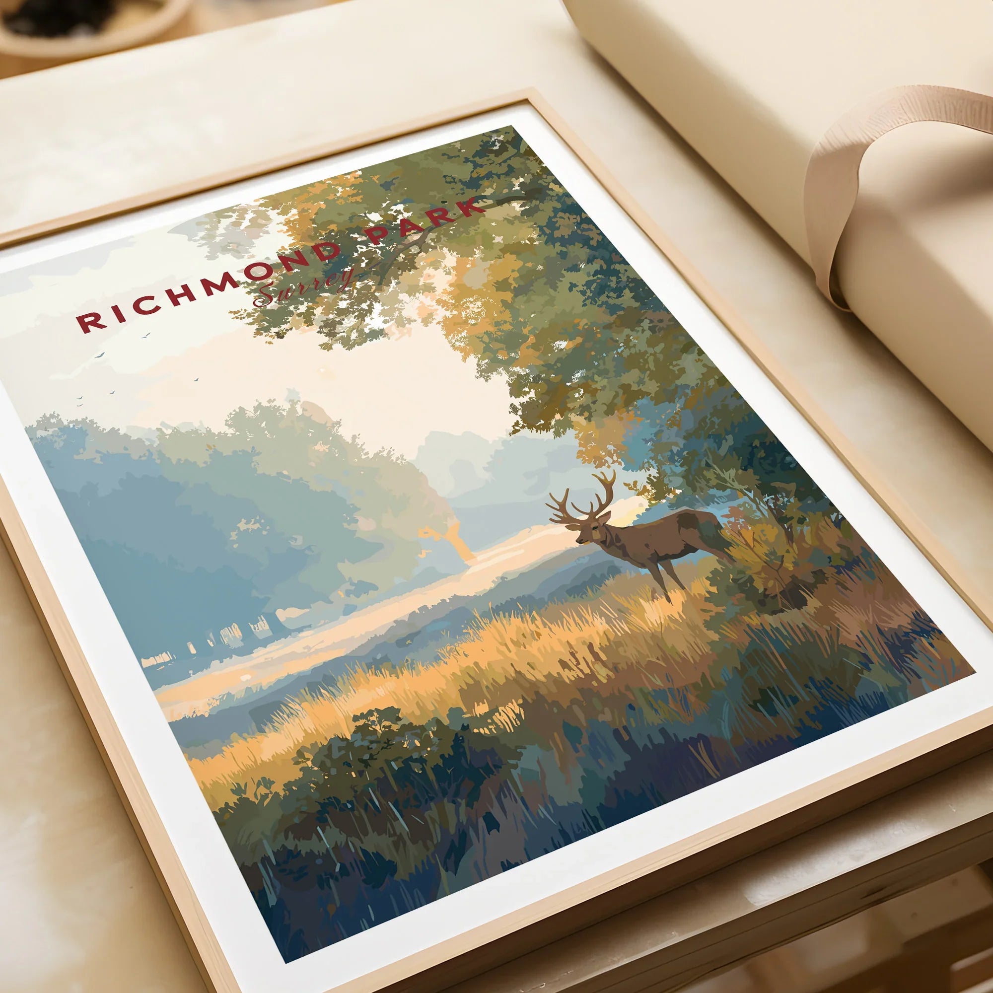 Framed Richmond Park art print closeup featuring a stag in a scenic landscape.